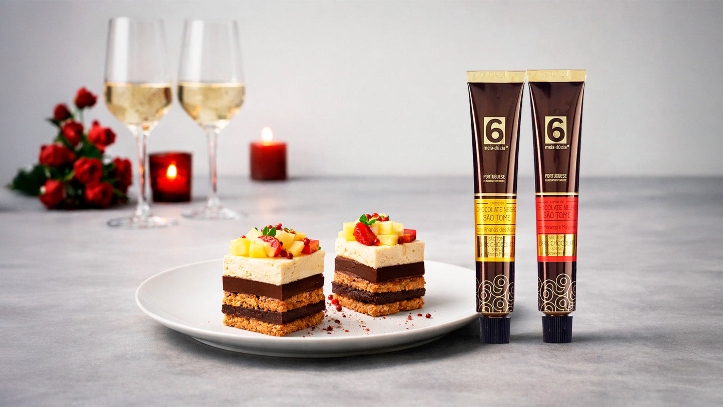 Chocolate Negro São Tomé com Mascarpone, Ananás, Morango Picante e Canela