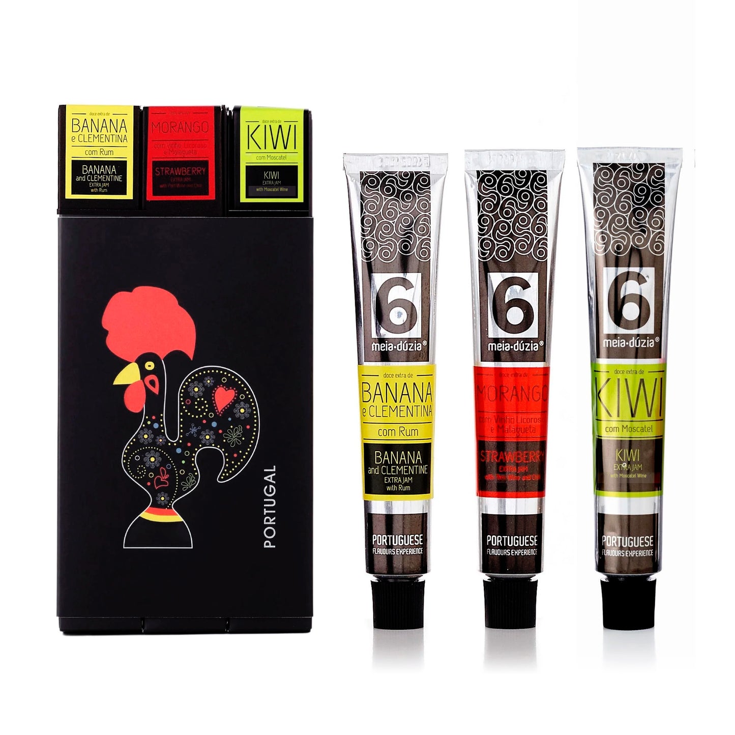 PACK 3 Doces - Galo - Presentes de Portugal, inclui:compota de banana e clementina com rum, compota de morango com vinho do porto e malagueta, compota de kiwi com moscatel do douro - doces portugueses gourmet em bisnaga by meia.dúzia - sabores de Portugal