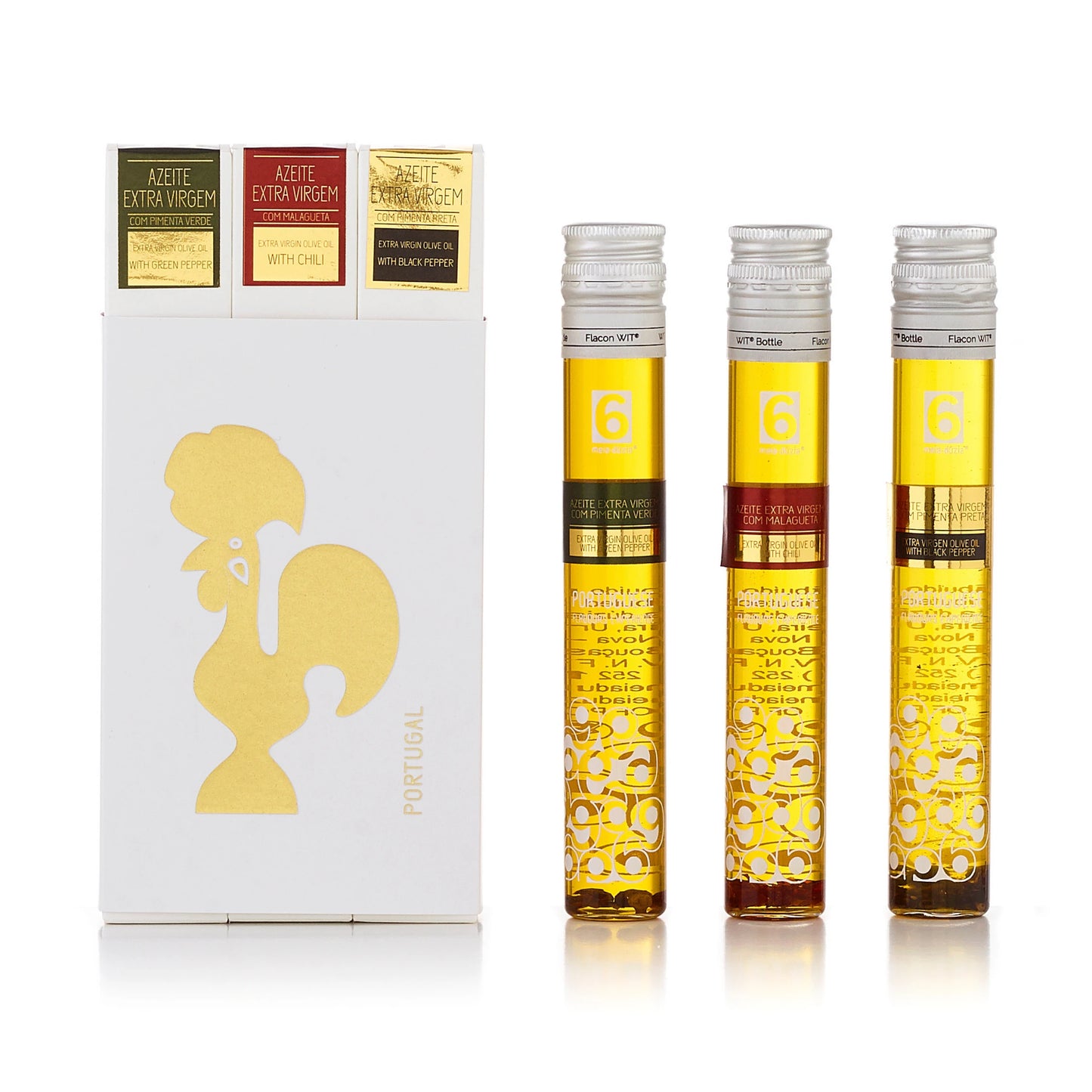 PACK 3 Azeites Extra Virgem – Edição Galo, inclui: azeite extra virgem com pimenta verde, azeite extra virgem com malagueta e azeite extra virgem com pimenta preta - sabores portugueses by meia.dúzia - sabores de Portugal